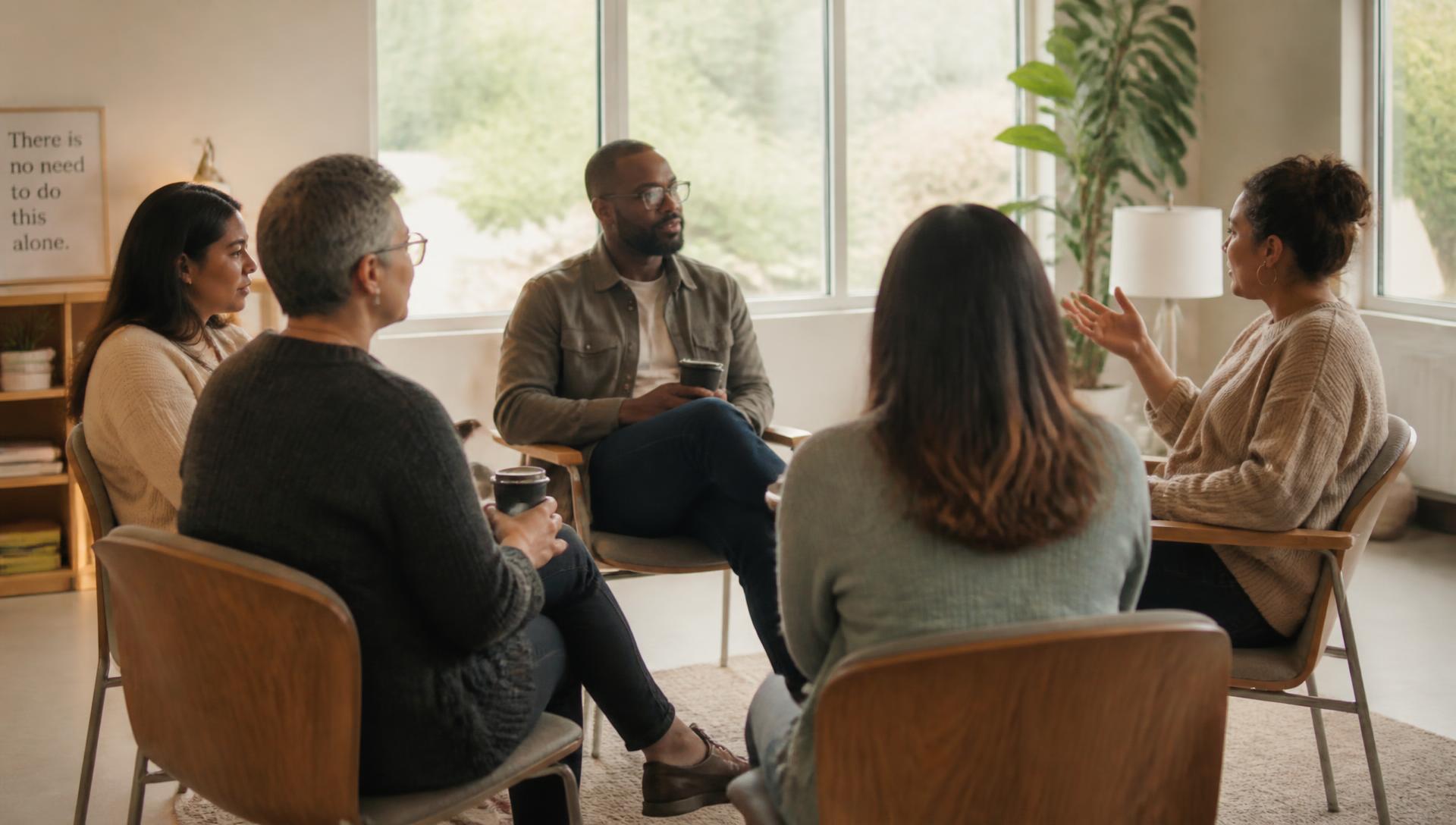 A small support group talking together in a bright room